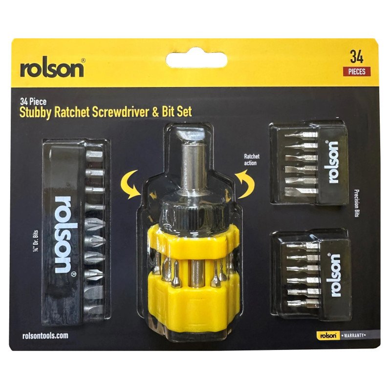 Rolson 34pc Stubby Ratchet Screwdriver & Bit Set